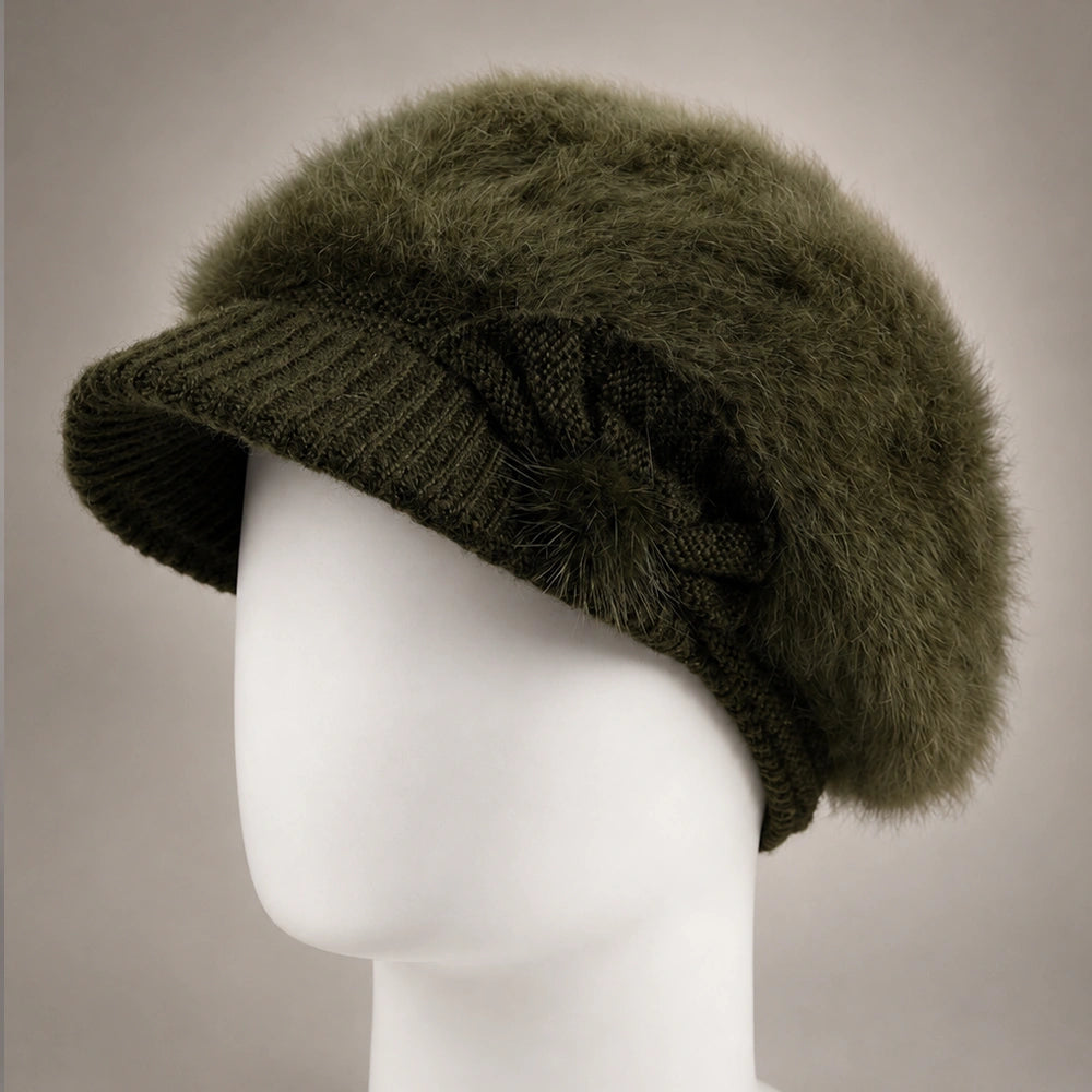 Olive green women’s angora-blend knit visor beanie with rounded crown