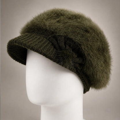 Olive green women’s angora-blend knit visor beanie with rounded crown