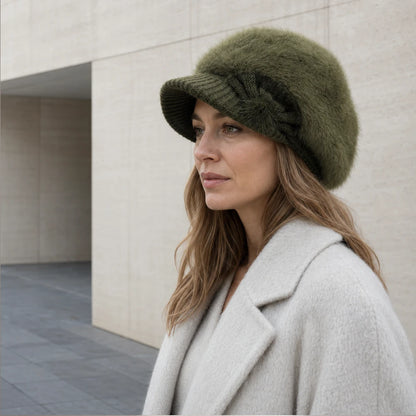 Woman wearing an olive green knit visor beanie with a flexible brim