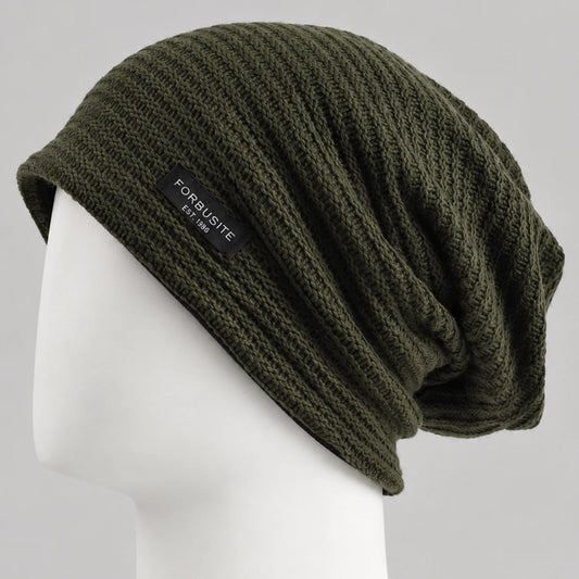 Olive green slouchy knit beanie with a relaxed oversized fit