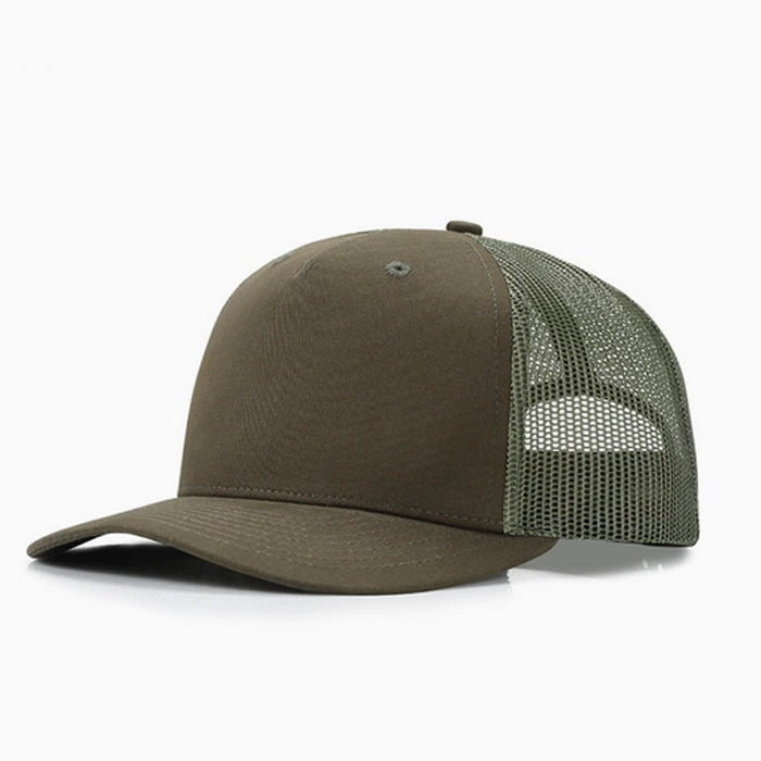 Olive green trucker cap with mesh back for outdoor adventures and casual days.