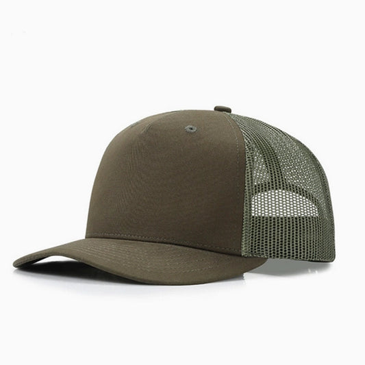 Olive green trucker cap with mesh back for outdoor adventures and casual days.