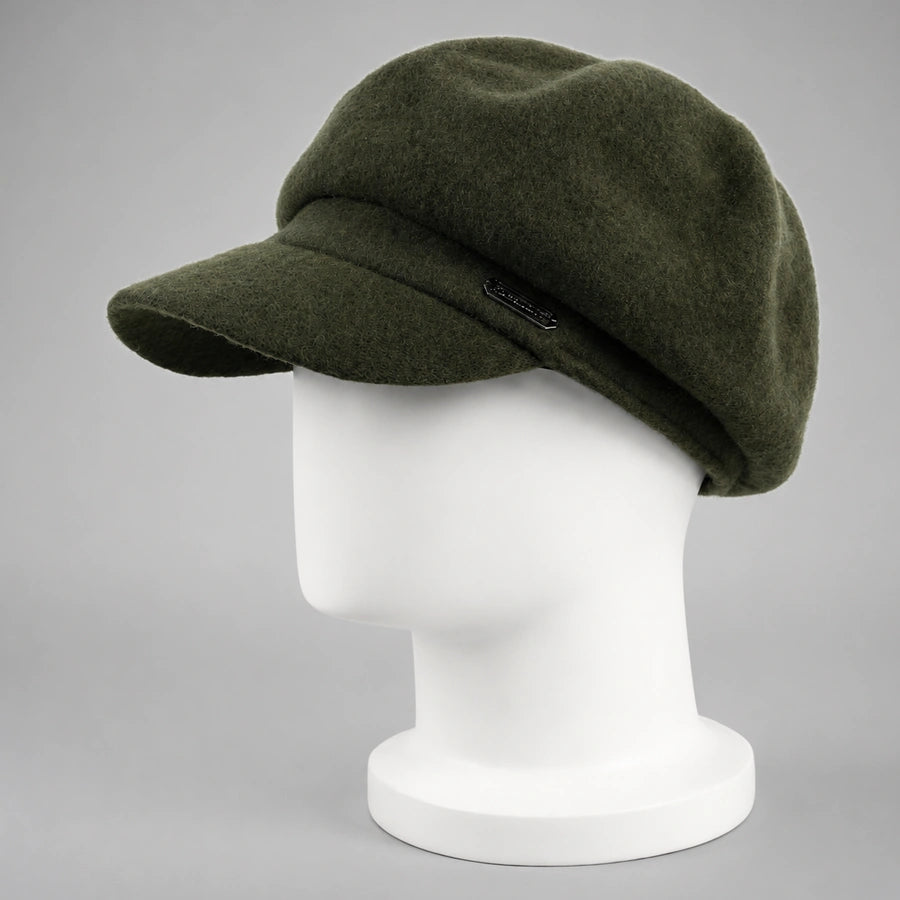Olive green women’s wool newsboy cap with short visor on mannequin