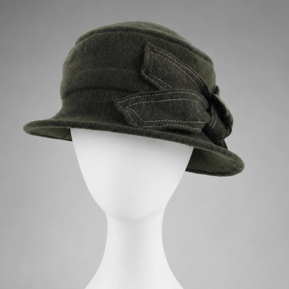 Olive green women’s wool felt cloche hat with short all-around brim