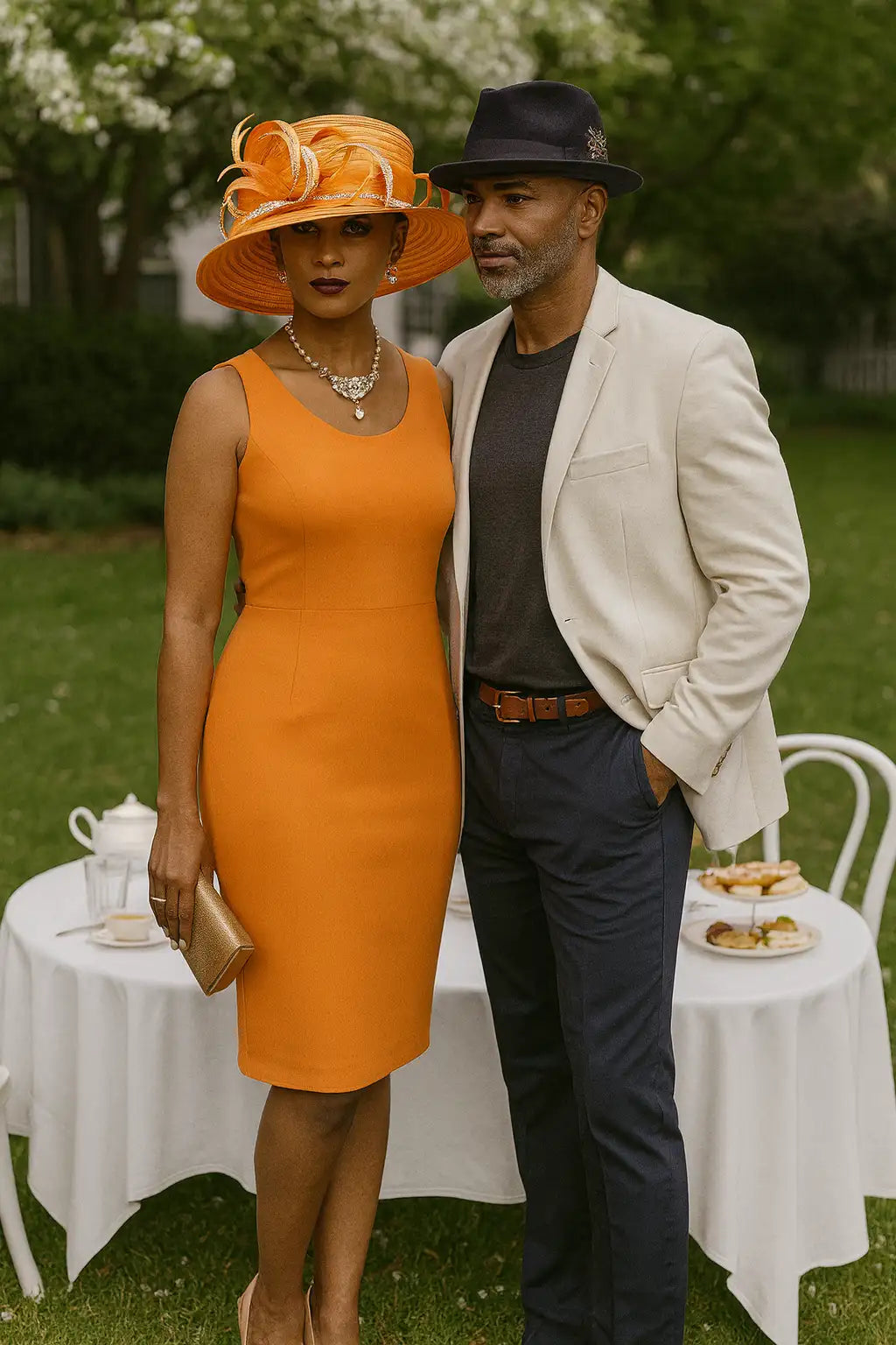 Elegant woman in orange sleeveless dress wearing FORBUSITE orange church hat with white rhinestone ribbon, standing beside a man in ivory blazer and black hat, afternoon tea party setting.