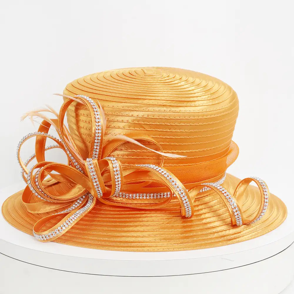 FORBUSITE orange formal church hat with statement crystal bow