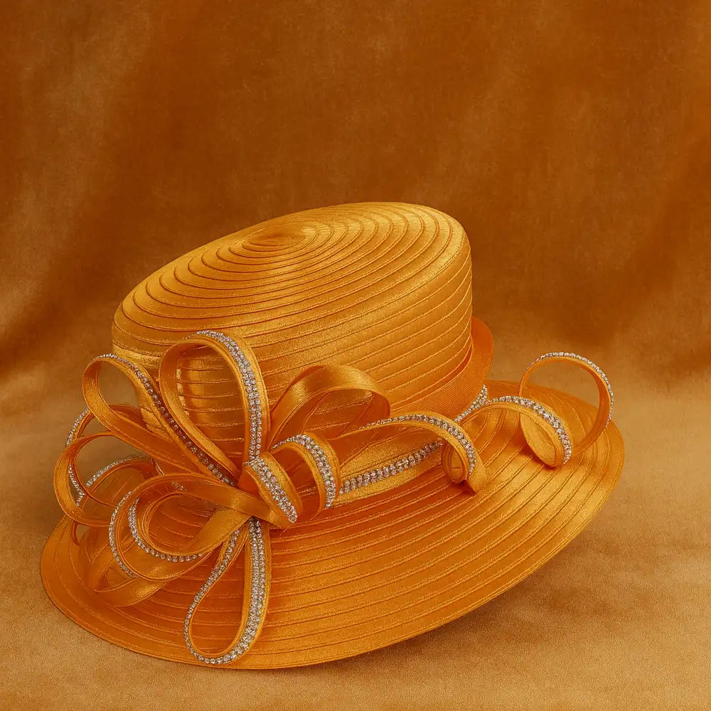 Bold orange satin church hat for women with rhinestone trims – FORBUSITE