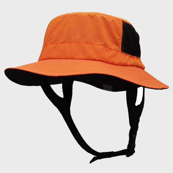 Bright orange surf bucket hat with UPF 50+ UV protection, perfect for outdoor water sports. Adjustable fit for both men and women during beach and surf activities.