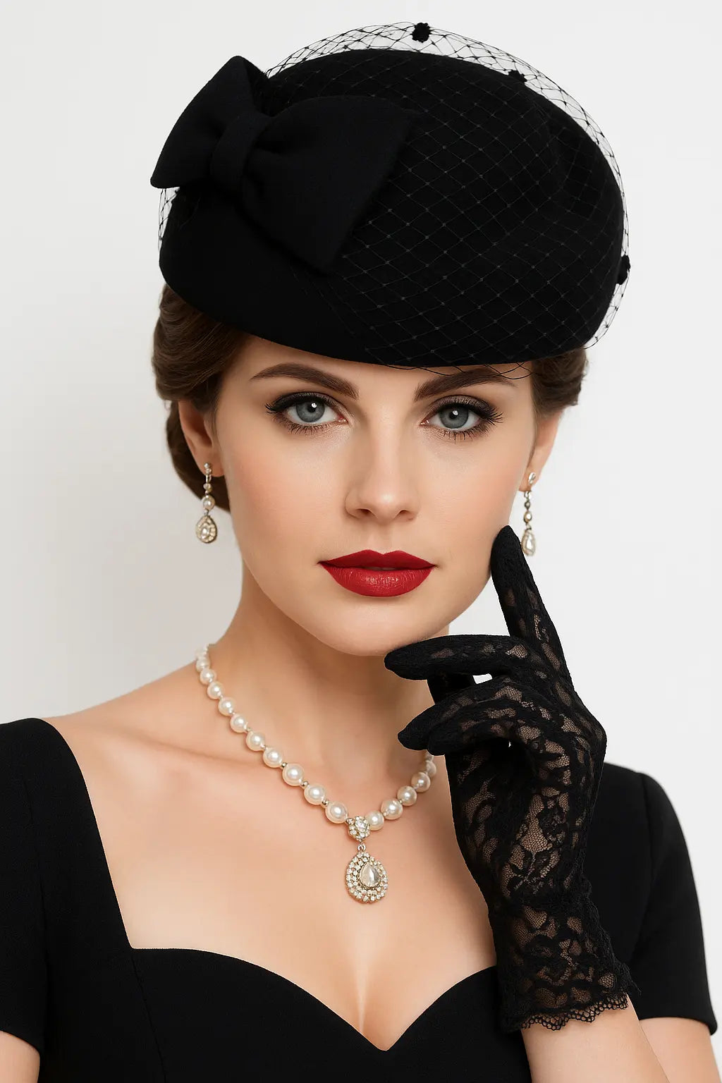 FORBUSITE black pillbox fascinator hat with bow and birdcage veil, model wearing church outfit