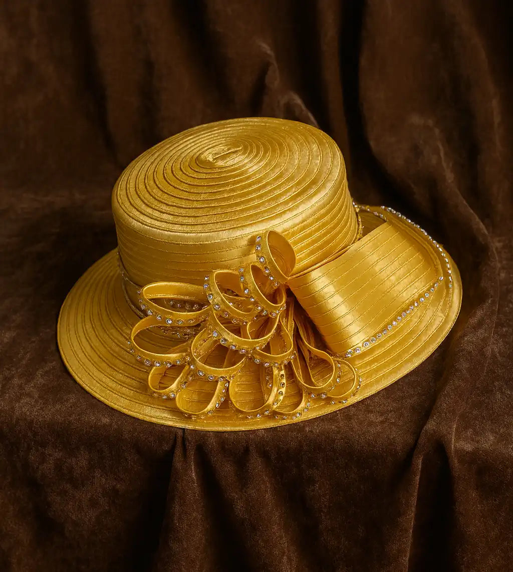 Gold satin church hat with rhinestone loops and bow on velvet background