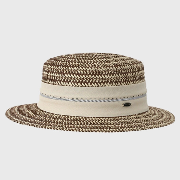 Brown basket weave fedora sun hat, ideal for summer outings, giving a stylish look with UV protection.