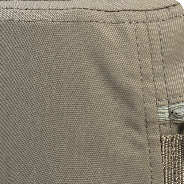 Close-up view of the zipper pocket on beige outdoor adventure sun hat with UPF50 protection, showcasing storage and design features for convenience during outdoor activities.