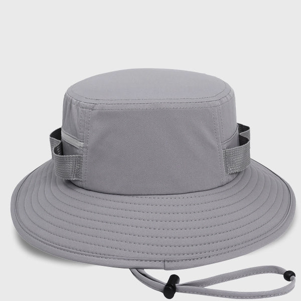 Gray outdoor adventure sun hat with UPF50 protection, a versatile bucket hat for both men and women, designed with a drawstring and zipper pockets for convenience.