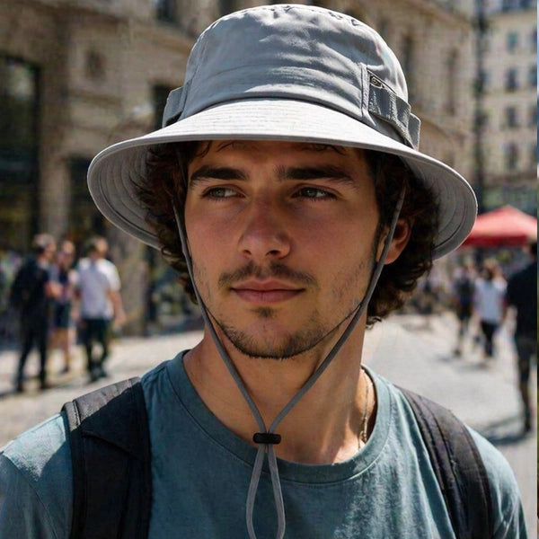 Model wearing gray outdoor adventure sun hat with UPF50, designed for both comfort and sun protection, ideal for outdoor activities and travel.