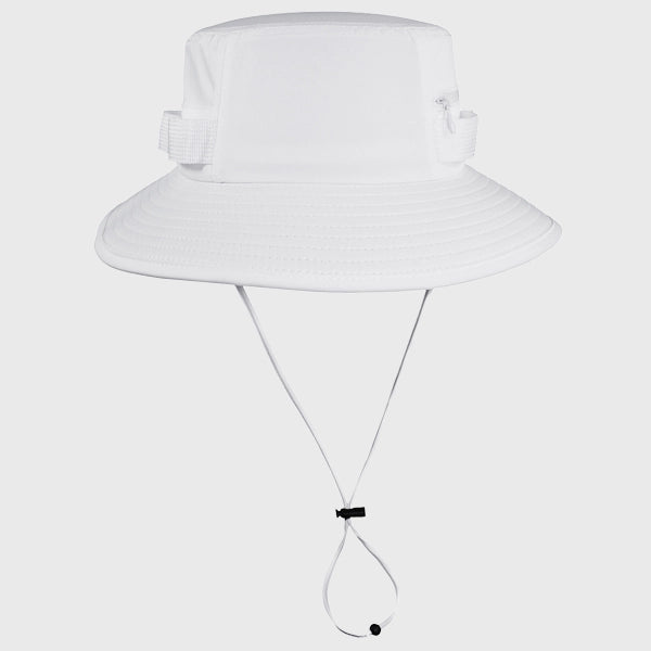 Back view of white outdoor adventure sun hat with UPF50, showing the adjustable straps and zipper side pockets, ideal for outdoor activities and sun protection.