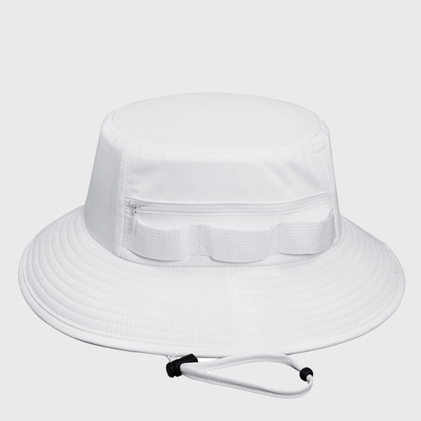 White outdoor adventure sun hat with UPF50, perfect for both men and women, featuring a bucket hat design with adjustable drawstring and zipper side pockets for extra storage.