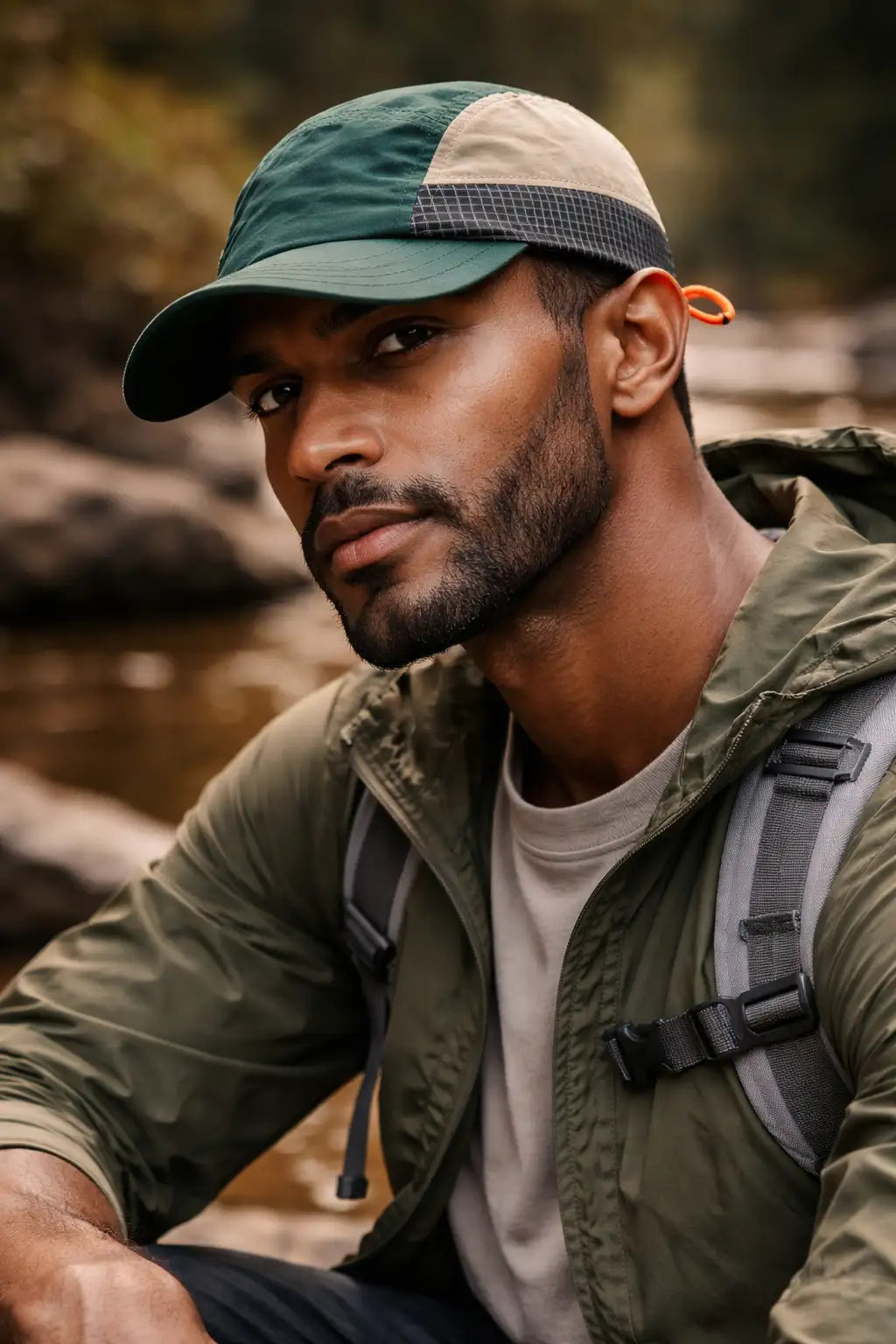 Green and black outdoor hiking cap with UV protection and quick-dry fabric, ideal for hiking, outdoor sports, and adventurous activities.