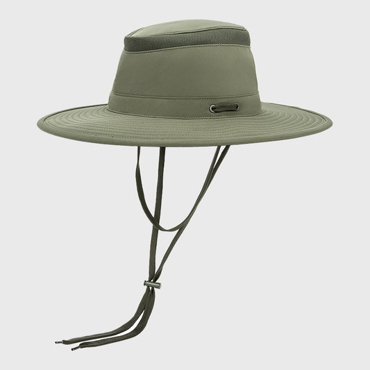 Green outdoor sun hat with wide brim and UV protection, ideal for outdoor adventures such as hiking and fishing, with a breathable fabric and adjustable chin strap for comfort.