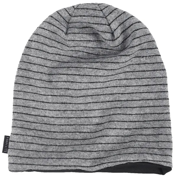 Oversized gray striped slouch beanie cap with long baggy fit, unisex street style for all seasons