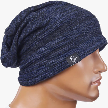 Oversized slouch beanie cap in striped knit texture, unisex street style accessory that pairs easily with casual outfits for men and women.