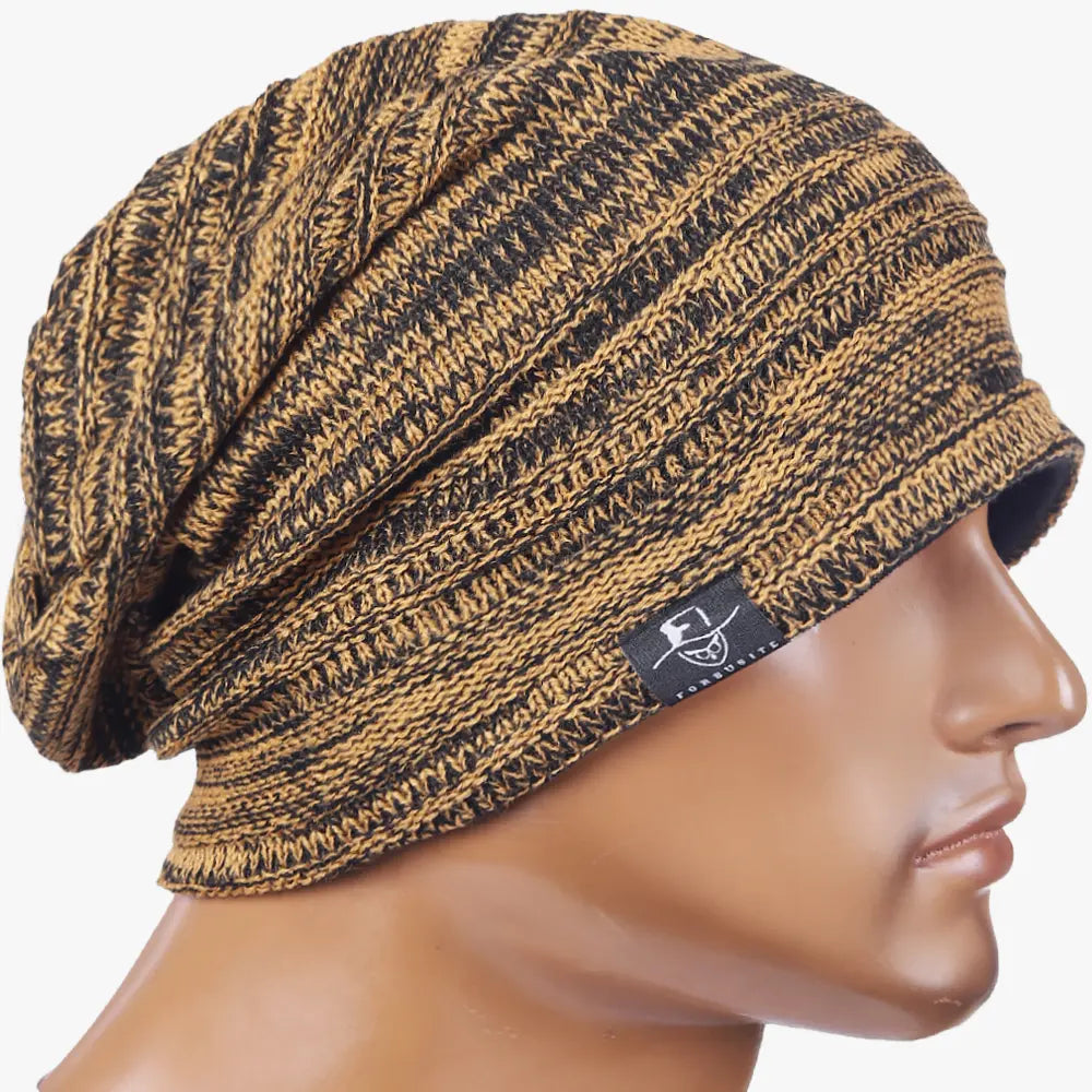 Oversized slouchy beanie hat with brown striped knit design, warm winter beanie cap for men and women