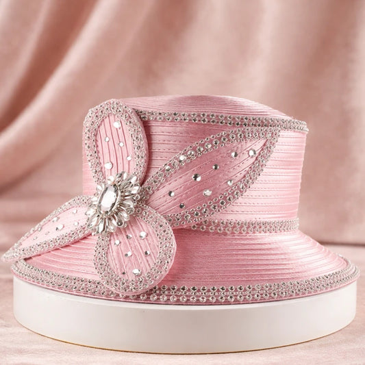 Pink church hat with an elegant floral design, perfect for weddings and high-end events, by FORBUSITE