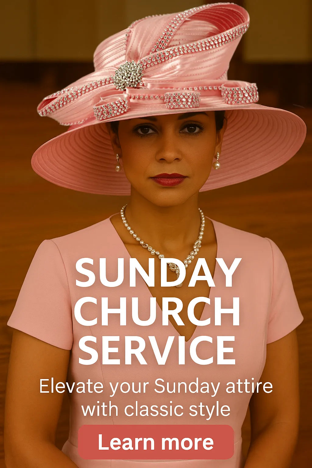 Woman in pink church hat for Sunday service with pearls and dress
