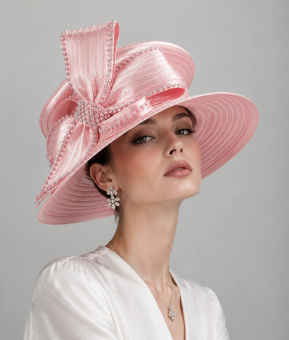 Pink church hat with wide brim rhinestone bow for Easter Sunday service and women church fashion