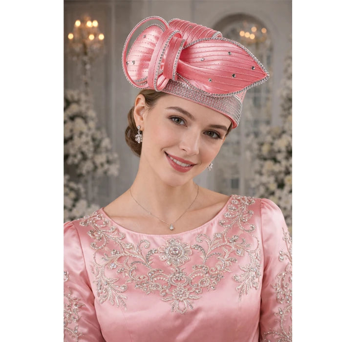 Elegant pink satin church hat with crystal embellishments, perfect for special events.