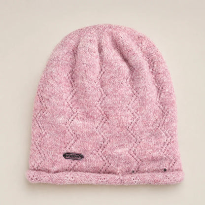 Pink women’s winter slouchy beanie with diamond-knit texture