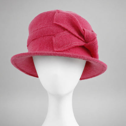 Pink women’s wool felt cloche hat with fixed side bow