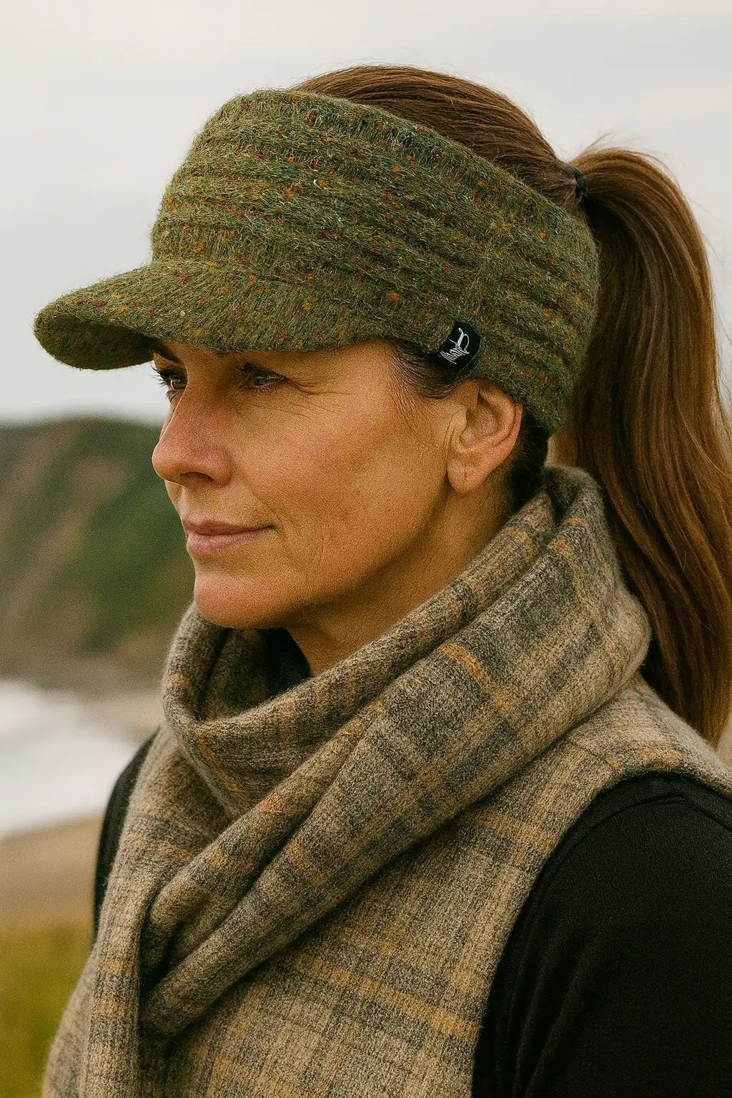 Side view of woman in army green ponytail visor hat near beach