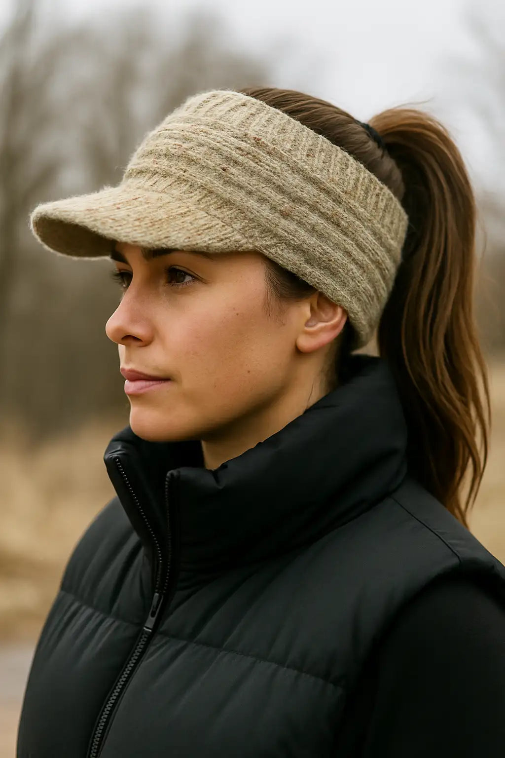 Woman wearing khaki ponytail visor beanie hat outdoors