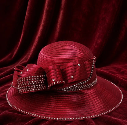 Premium maroon Sunday church hat with intricate rhinestone decoration and stylish ribbon loops, suitable for formal church or derby occasions.