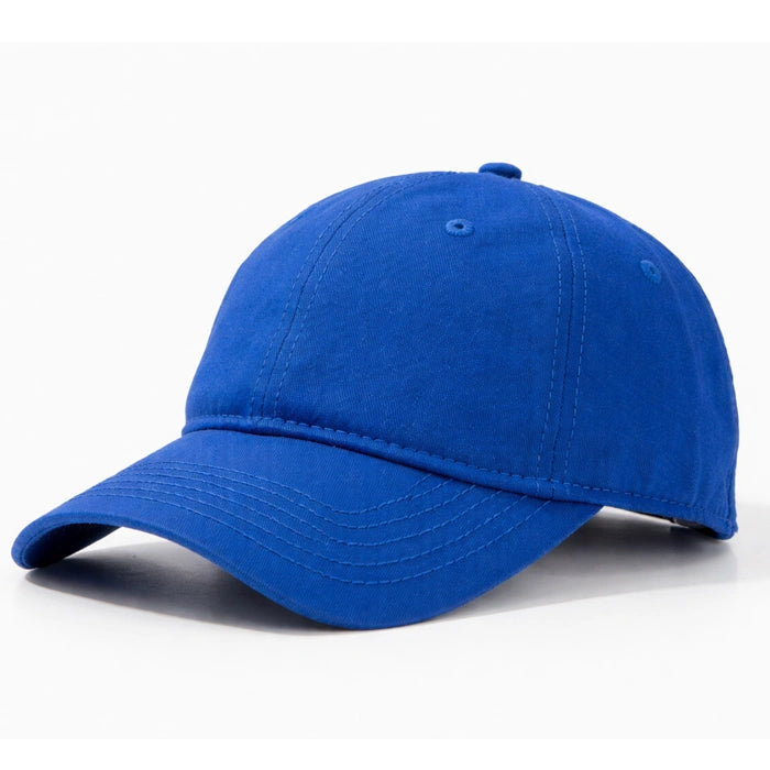 Pure blue cotton dad hat baseball cap, solid color, soft fabric, perfect for casual and sporty outfits, adjustable for a comfortable fit.