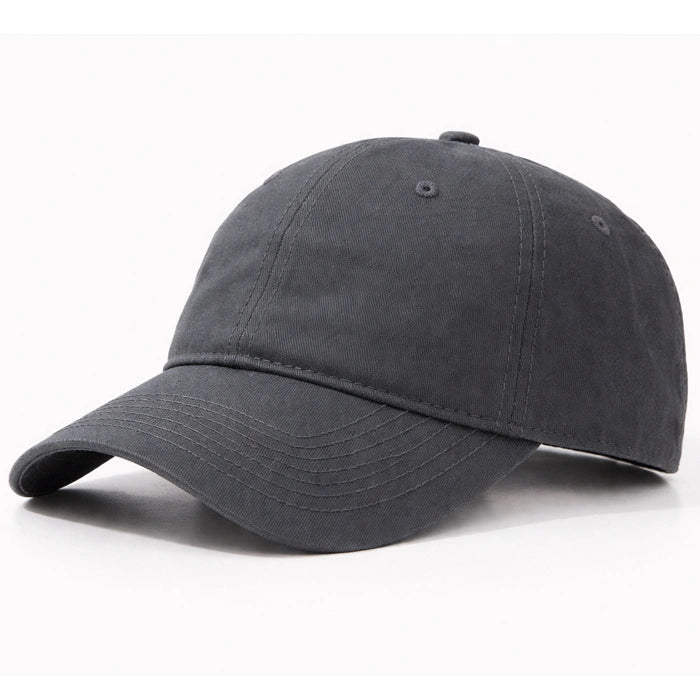 Charcoal gray pure cotton dad hat, solid design, perfect for outdoor activities and casual styling with an adjustable fit.