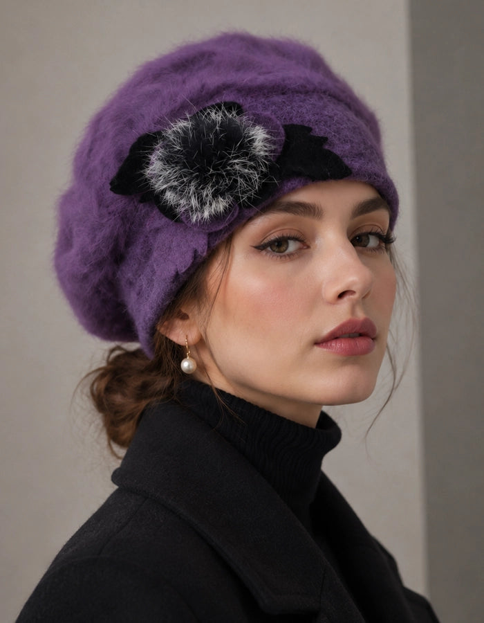 Purple angora wool beret with black flower detail for artistic winter styling