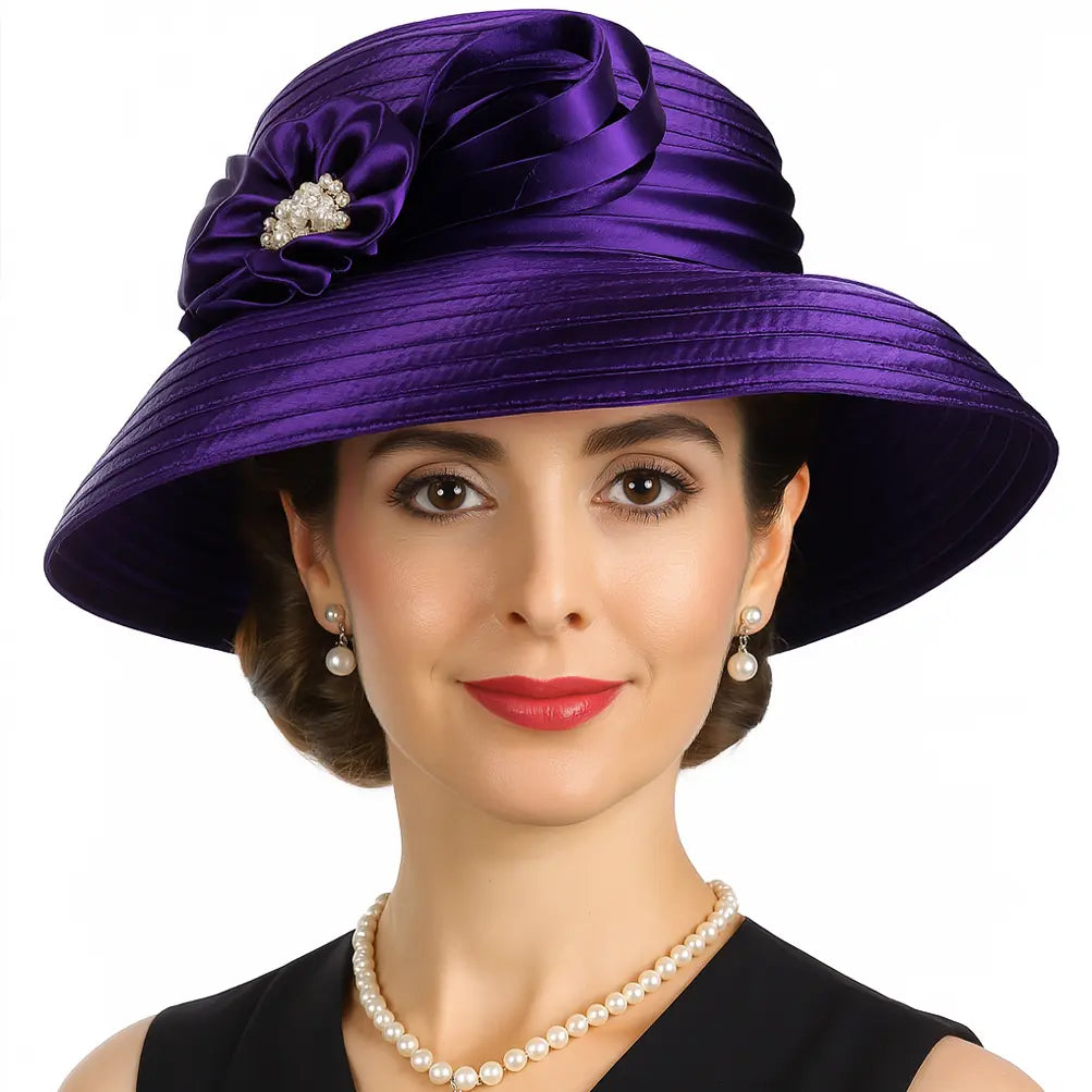 Purple satin wide brim church hat with ribbon and pearl flower – ideal for Sunday church