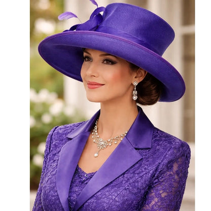 Elegant purple hat with a ribbon flower for formal events, weddings, and garden parties.