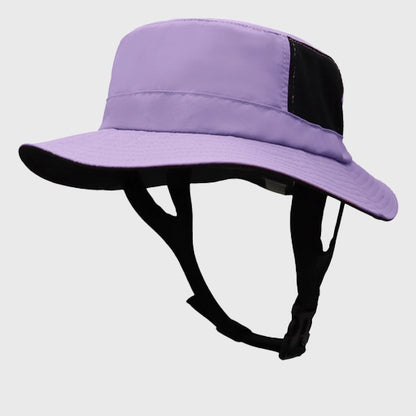 Stylish purple surf bucket hat with UPF 50+ UV protection, perfect for both men and women. Ideal for sunny beach days and water sports activities.
