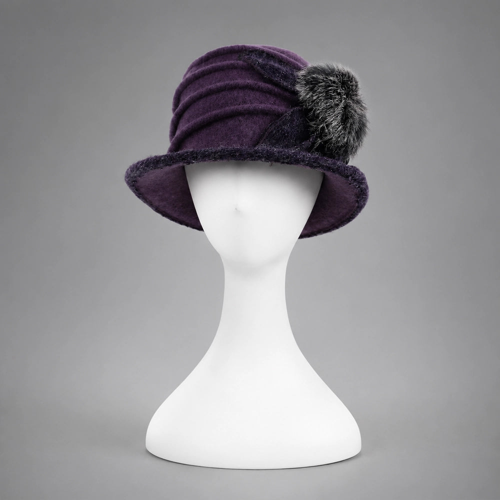 Purple women’s boiled wool cloche hat with a ruched crown and fixed side detail