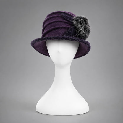 Purple women’s boiled wool cloche hat with a ruched crown and fixed side detail