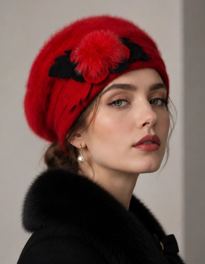 Red angora wool beret with flower detail for holiday winter outfits