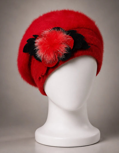 Red angora wool beret hat with flower detail for holiday and winter styling