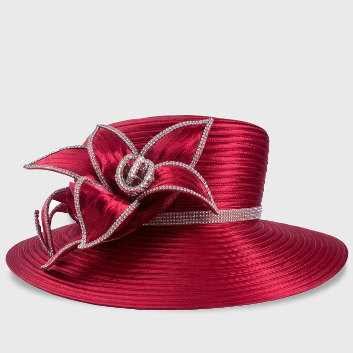Bold red church hat with a gorgeous flower design, ideal for formal occasions, weddings, and garden parties.