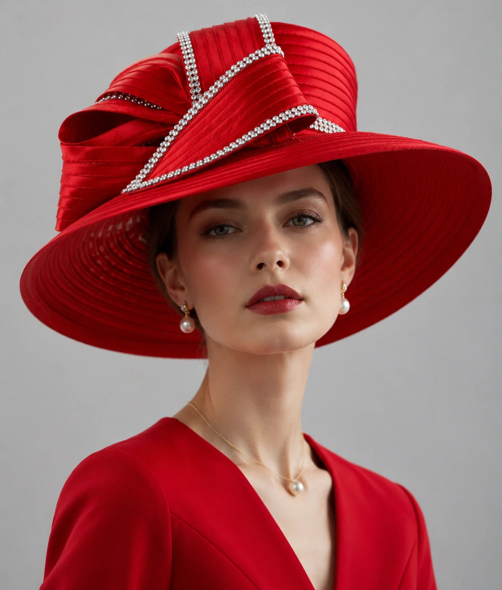 Woman wearing red church hat elegant luxury formal church style portrait