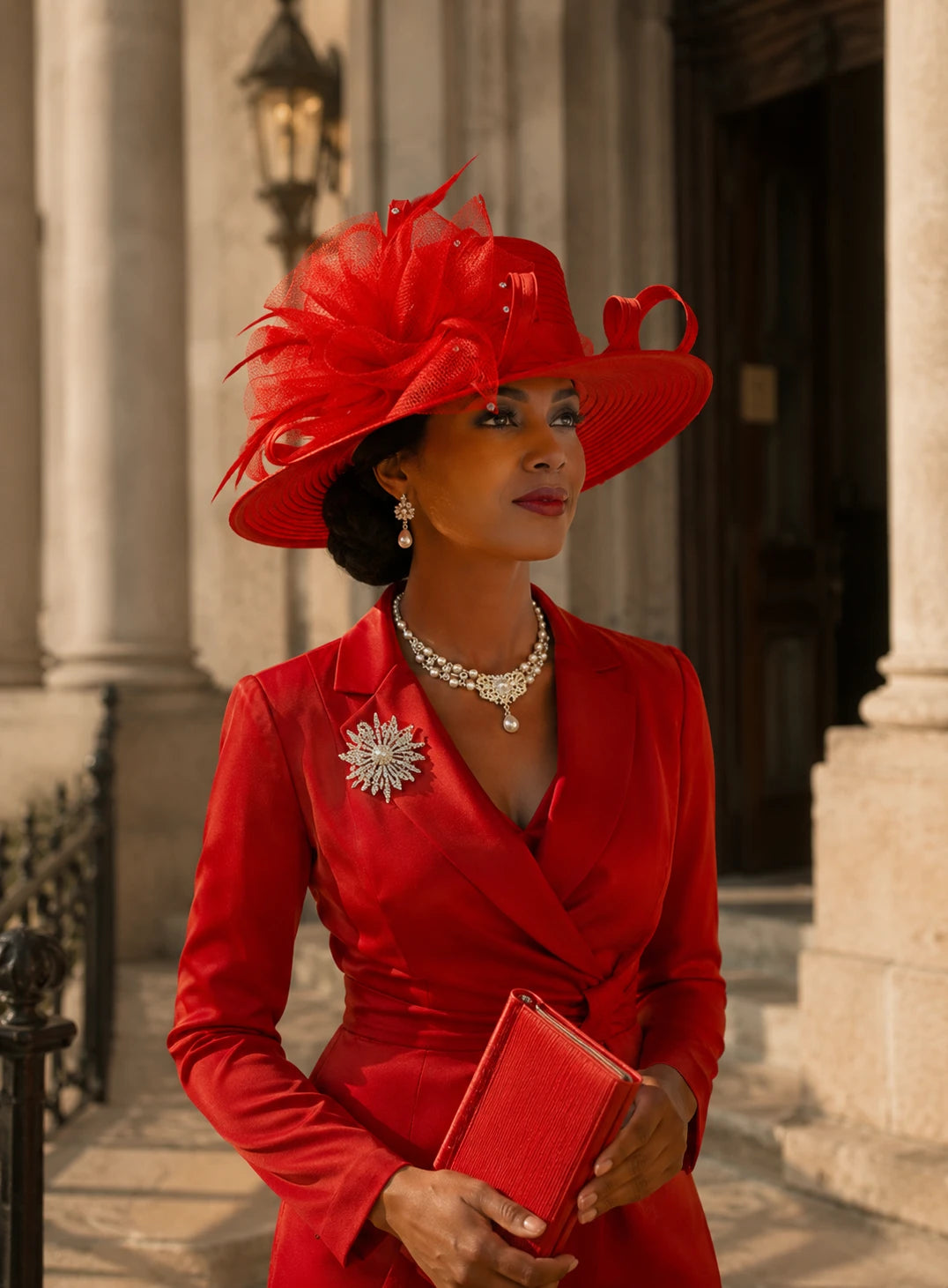 Elegant red church hat worn by woman outdoors, featuring wide brim, decorative netting and rhinestone accents, perfect for formal events and Sunday church