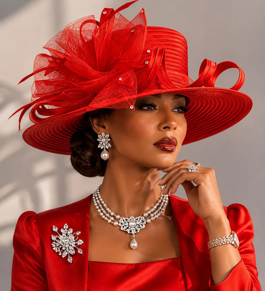 Luxury red church hat with wide brim and decorative netting worn by model, elegant and sophisticated hat for church events, weddings, and formal occasions