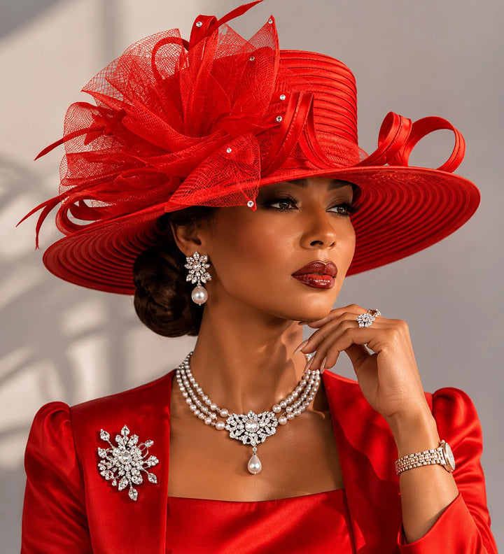 Luxury red church hat with wide brim and decorative netting worn by model, elegant and sophisticated hat for church events, weddings, and formal occasions