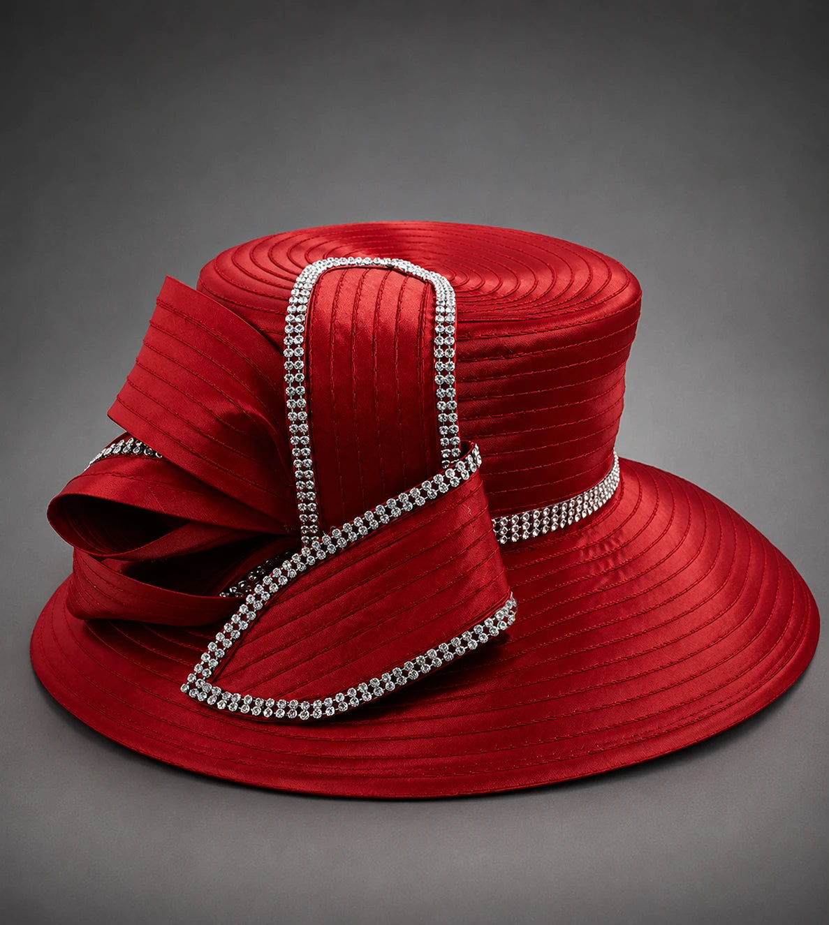 Red luxury church hat statement wide brim rhinestone bow elegant fashion